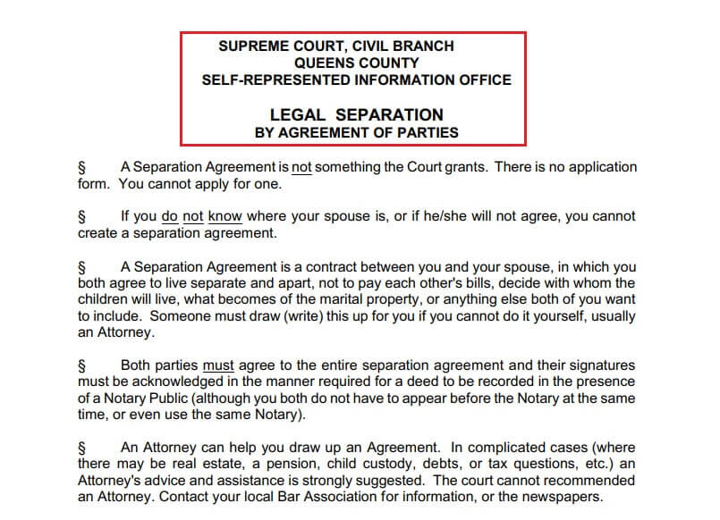 Legal separation official information from New York