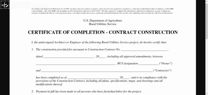 Information to write a certificate of completion construction