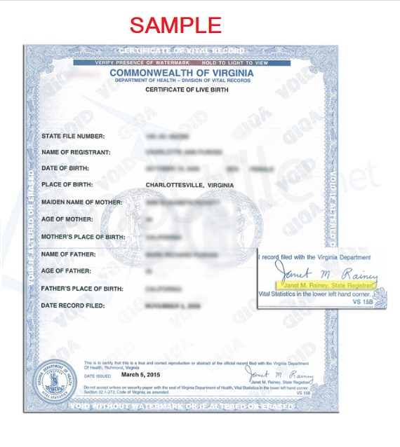 Virginia birth certificate sample