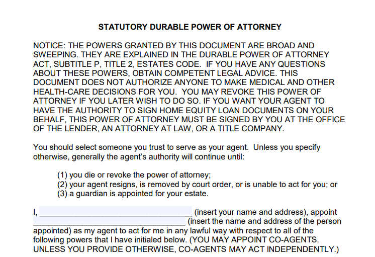 Free printable durable power of attorney form Texas