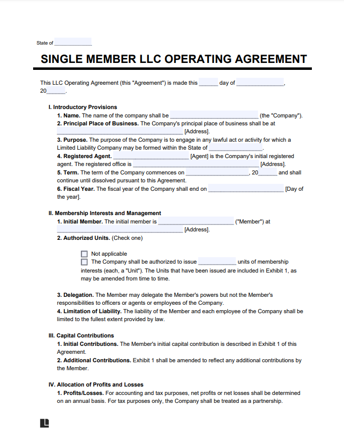 Single-member LLC operating agreement template free