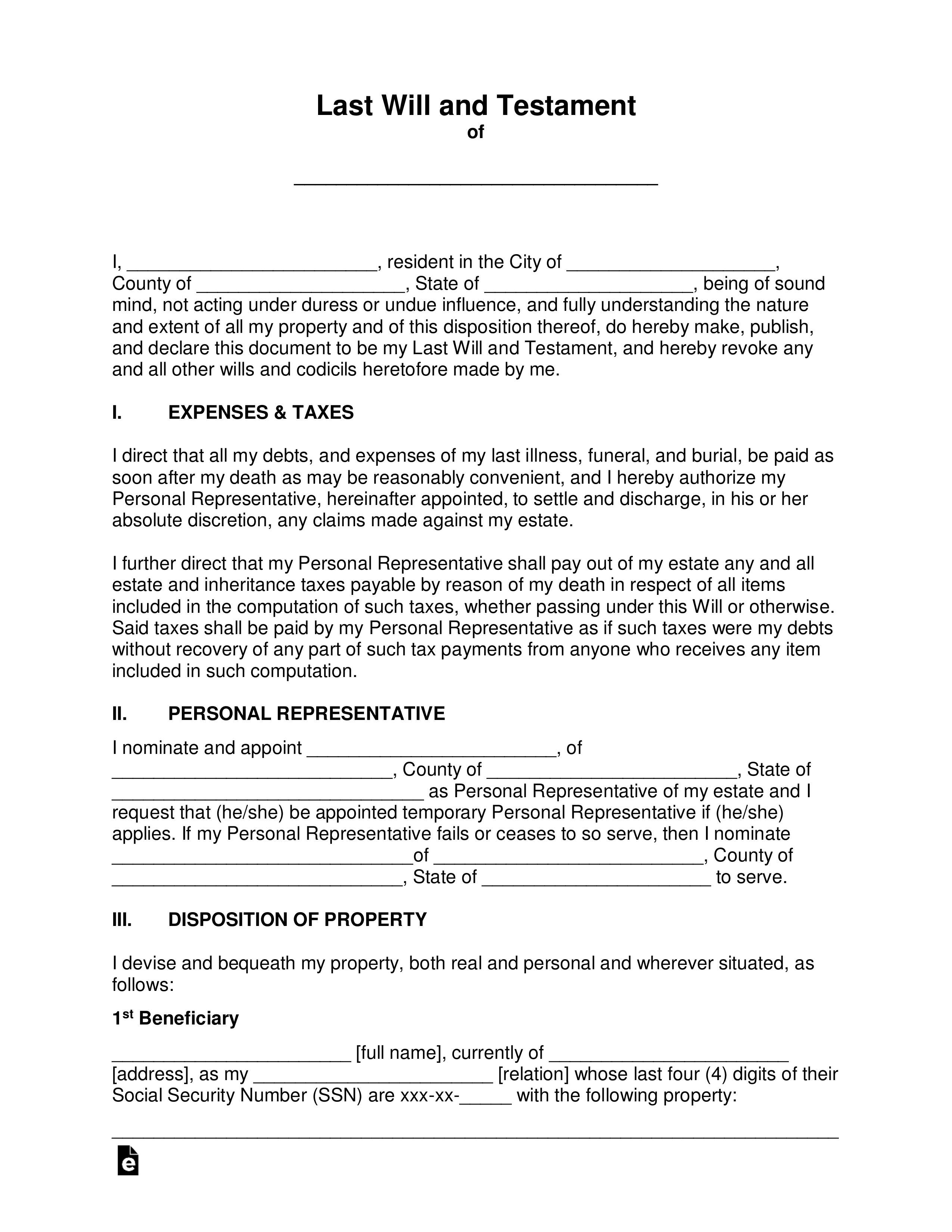 Last Will and Testament Form template